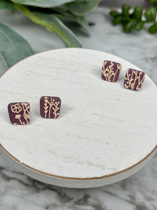 Trapezoid Studs with Flower Texture