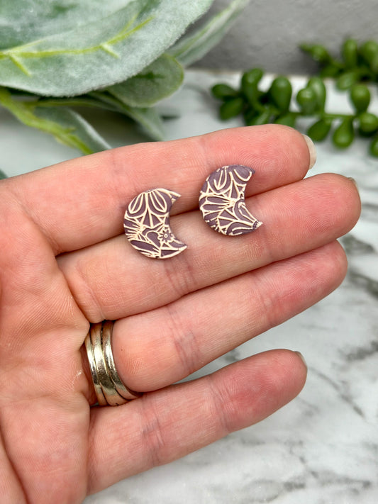 Crescent Moon Studs with Flower Texture