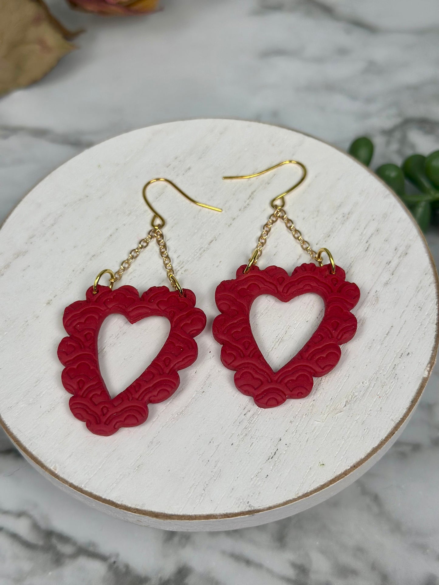 Scalloped Open Heart Dangles with Lace Texture